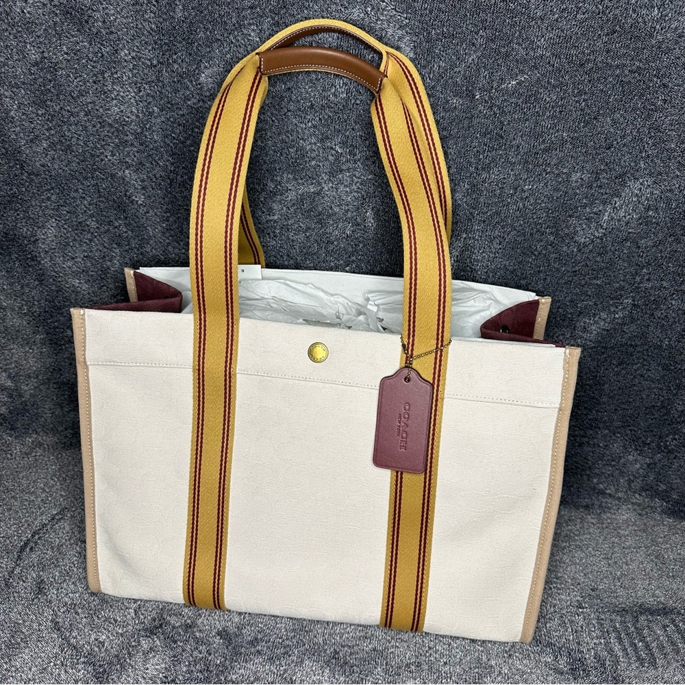 Coach Canvas Tote Bag with Striped Handles